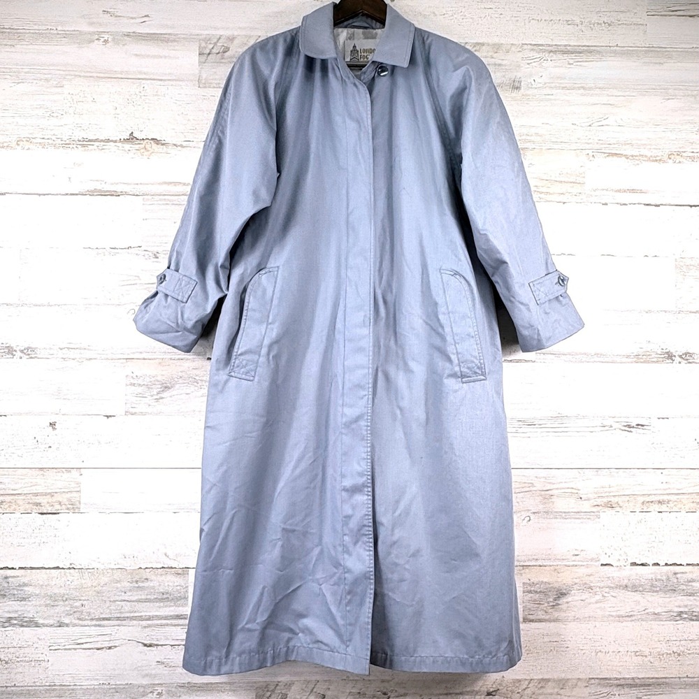 London Fog Trench Coat Womens 14P Blue Vintage 80s Long Sleeve Button Up Retro